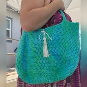 Shoulder Bag in Teal with Green Accents - 26.5 x 17 Inches